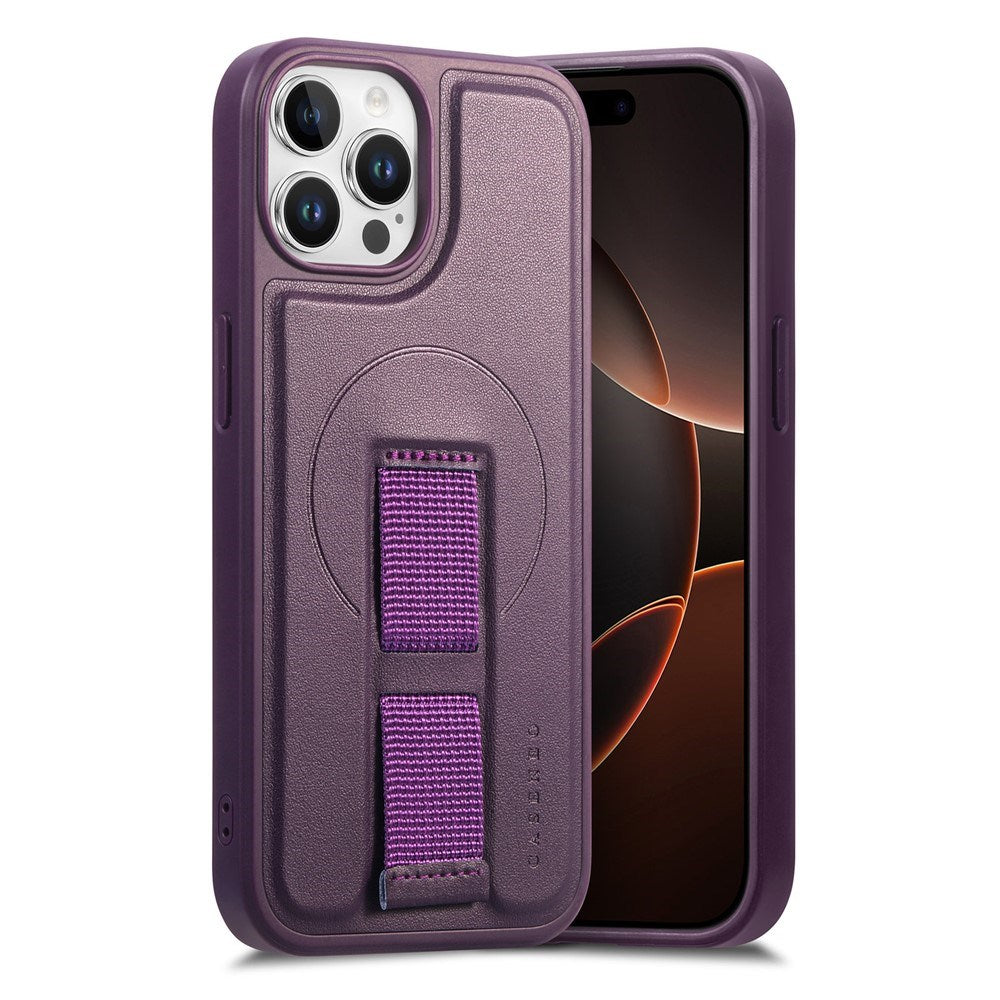 iPhone 12 / 12 Pro Hard Plast Deksel m. Kunstskinn Bakside & Fingerrem - MagSafe Kompatibel - Lilla