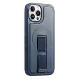 iPhone 12 / 12 Pro Hard Plast Deksel m. Kunstskinn Bakside & Fingerrem - MagSafe Kompatibel - Blå