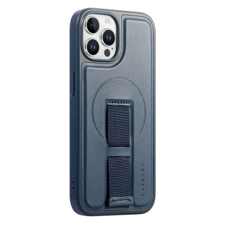 iPhone 12 / 12 Pro Hard Plast Deksel m. Kunstskinn Bakside & Fingerrem - MagSafe Kompatibel - Blå