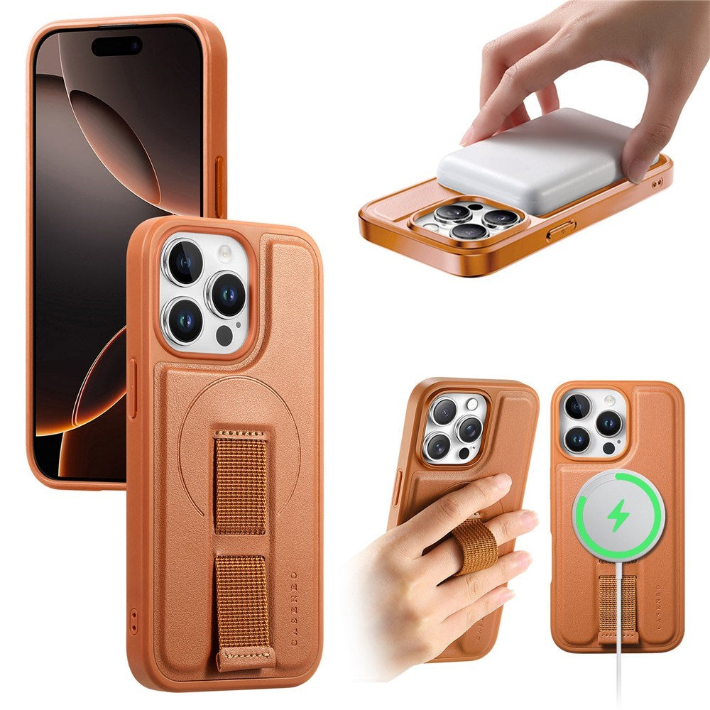iPhone 14 Pro Hard Plast Deksel m. Kunstskinn Bakside & Fingerrem - MagSafe Kompatibel - Brun