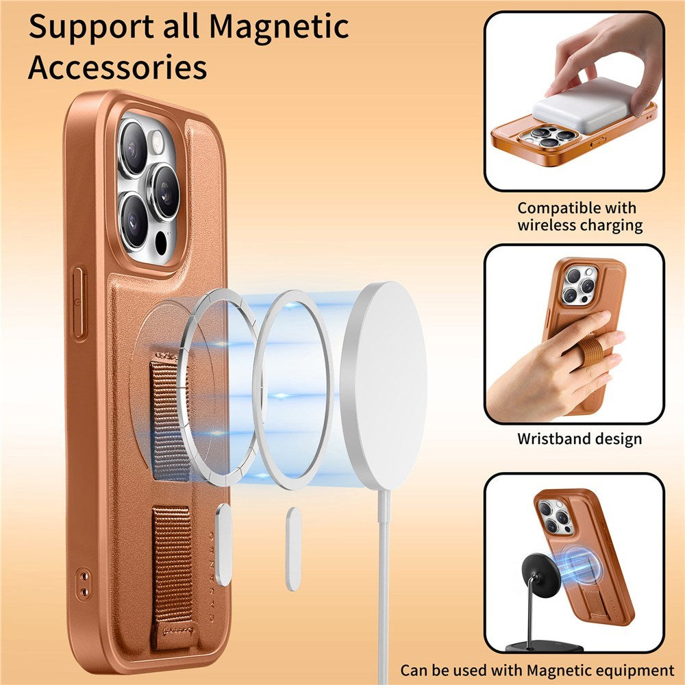 iPhone 14 Pro Hard Plast Deksel m. Kunstskinn Bakside & Fingerrem - MagSafe Kompatibel - Brun