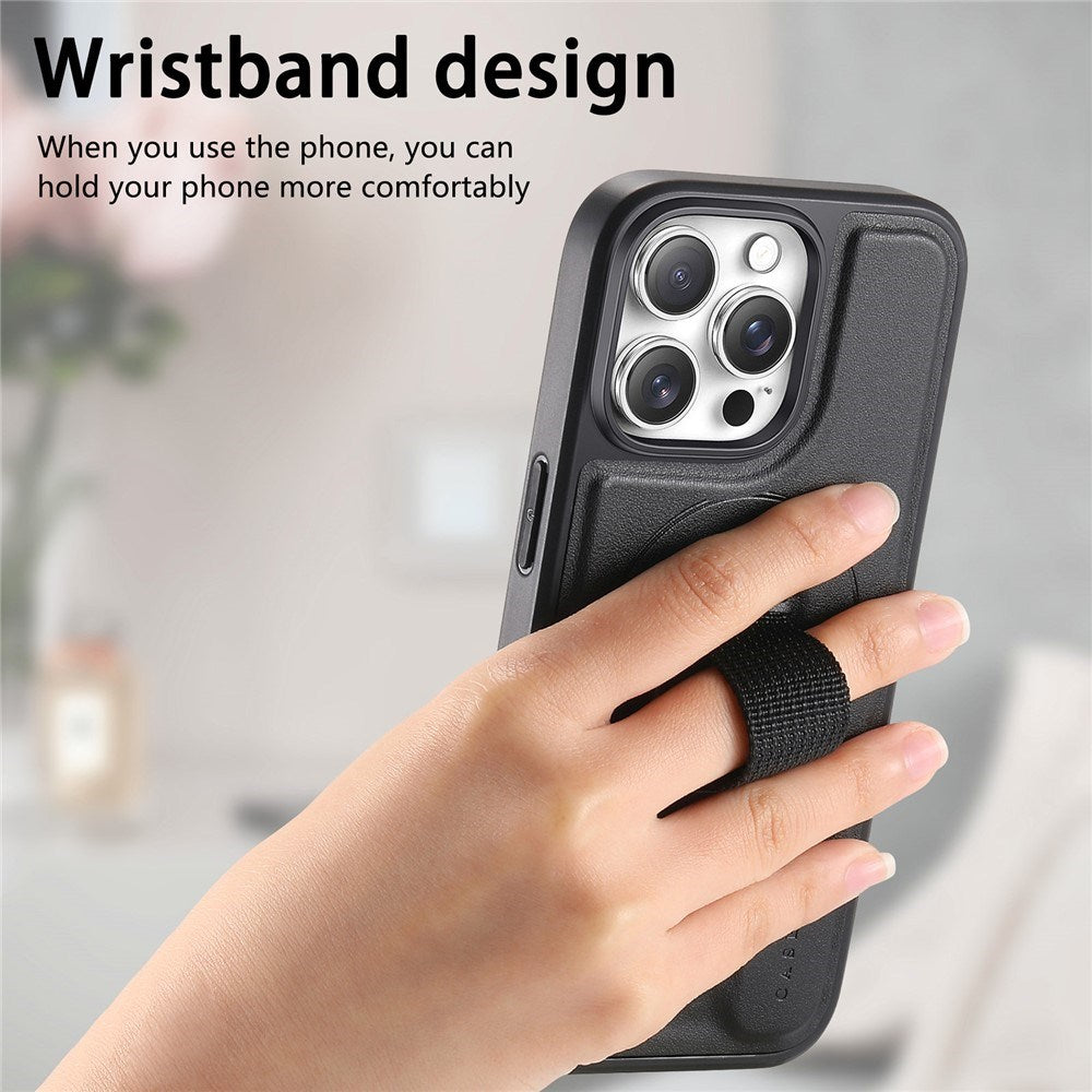 iPhone 14 Pro Hard Plast Deksel m. Kunstskinn Bakside & Fingerrem - MagSafe Kompatibel - Svart