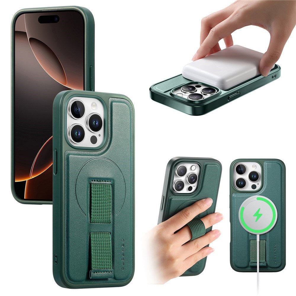 iPhone 14 Pro Hard Plast Deksel m. Kunstskinn Bakside & Fingerrem - MagSafe Kompatibel - Grønn