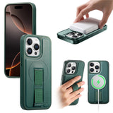 iPhone 14 Pro Hard Plast Deksel m. Kunstskinn Bakside & Fingerrem - MagSafe Kompatibel - Grønn