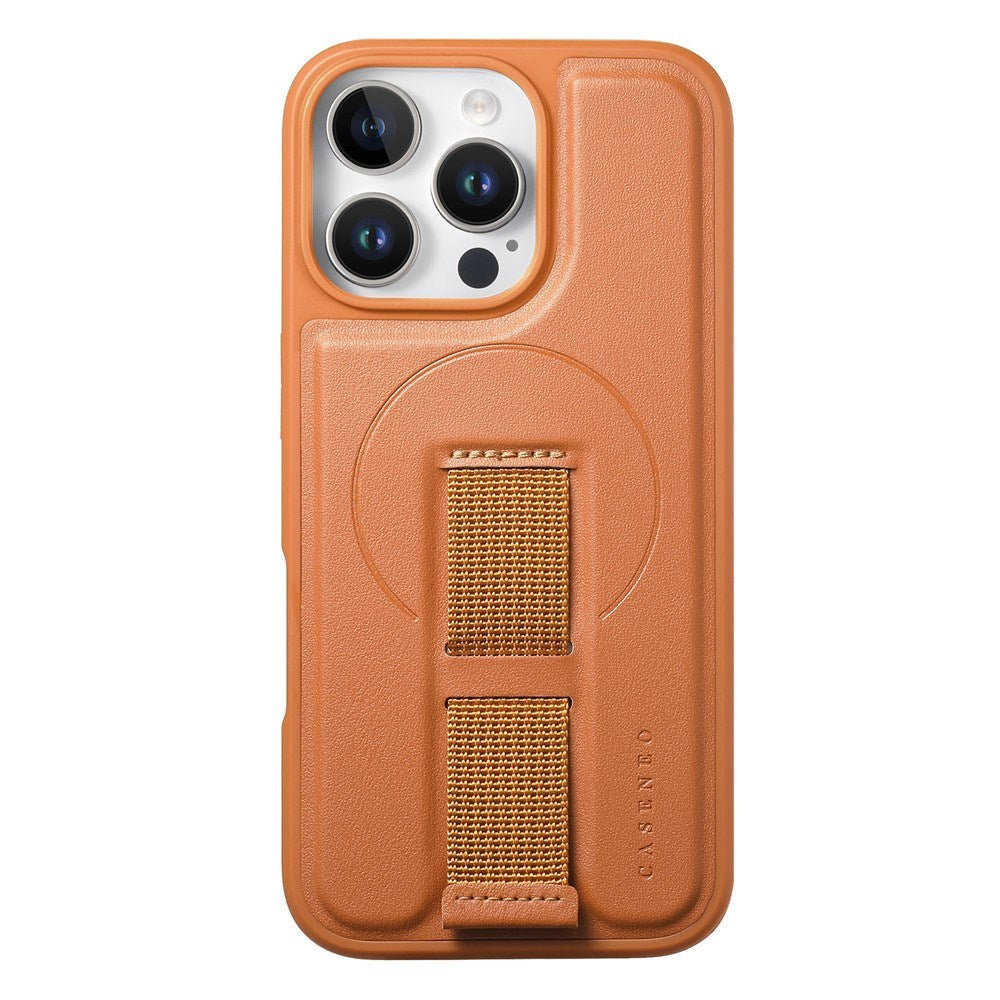 iPhone 15 Pro Hard Plast Deksel m. Kunstskinn Bakside & Fingerrem - MagSafe Kompatibel - Brun