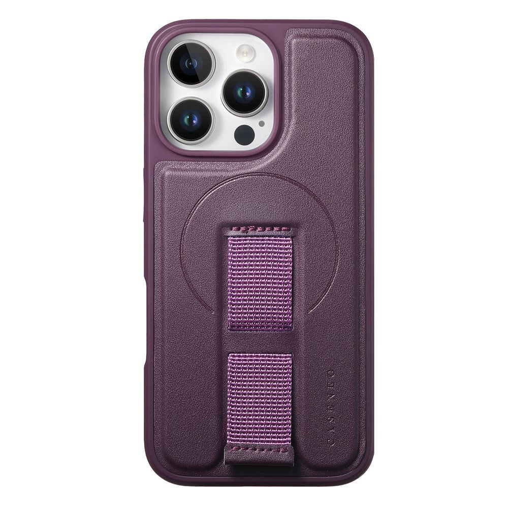 iPhone 15 Pro Hard Plast Deksel m. Kunstskinn Bakside & Fingerrem - MagSafe Kompatibel - Lilla