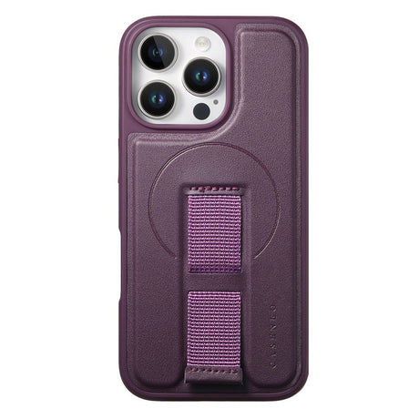 iPhone 15 Pro Hard Plast Deksel m. Kunstskinn Bakside & Fingerrem - MagSafe Kompatibel - Lilla