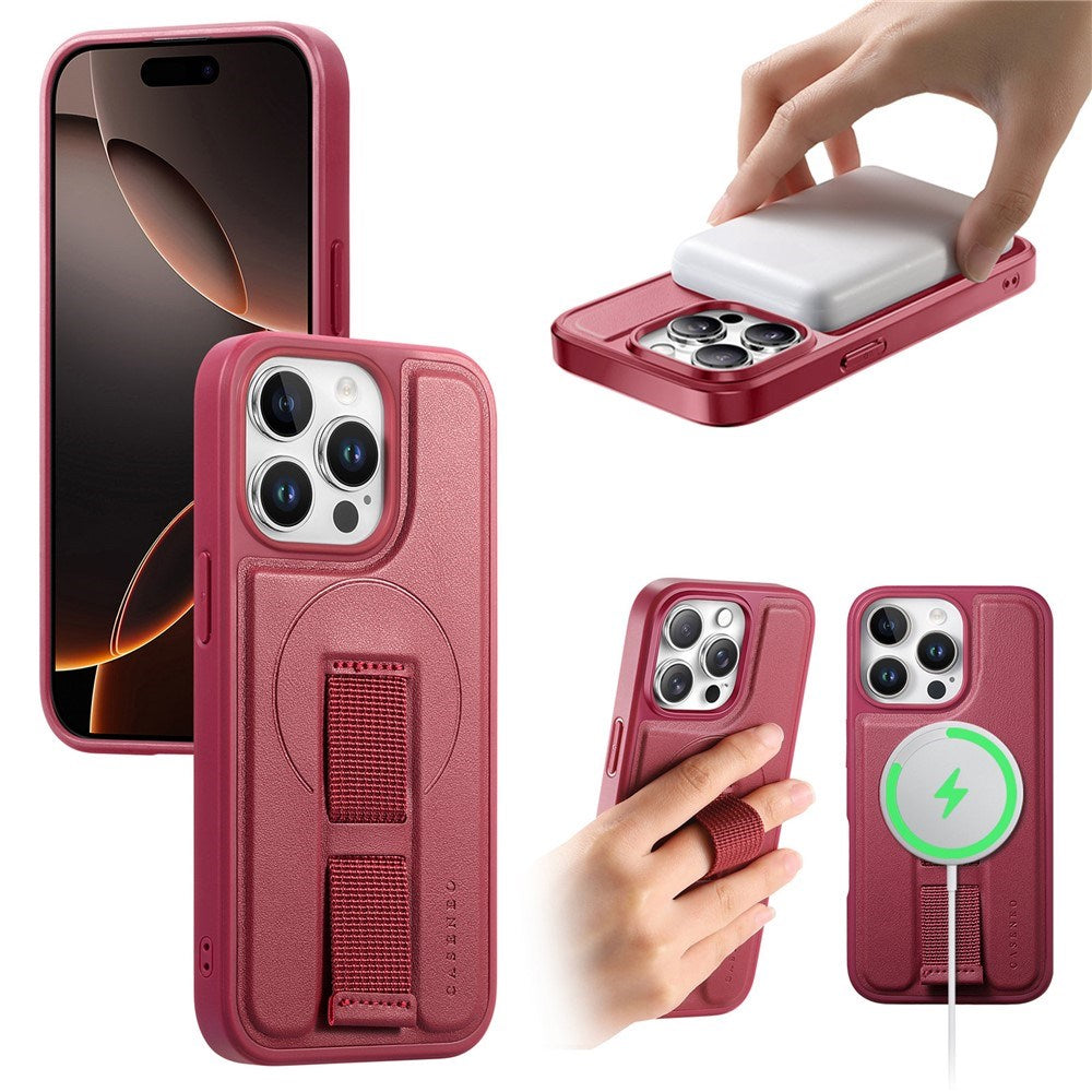 iPhone 15 Pro Hard Plast Deksel m. Kunstskinn Bakside & Fingerrem - MagSafe Kompatibel - Rød