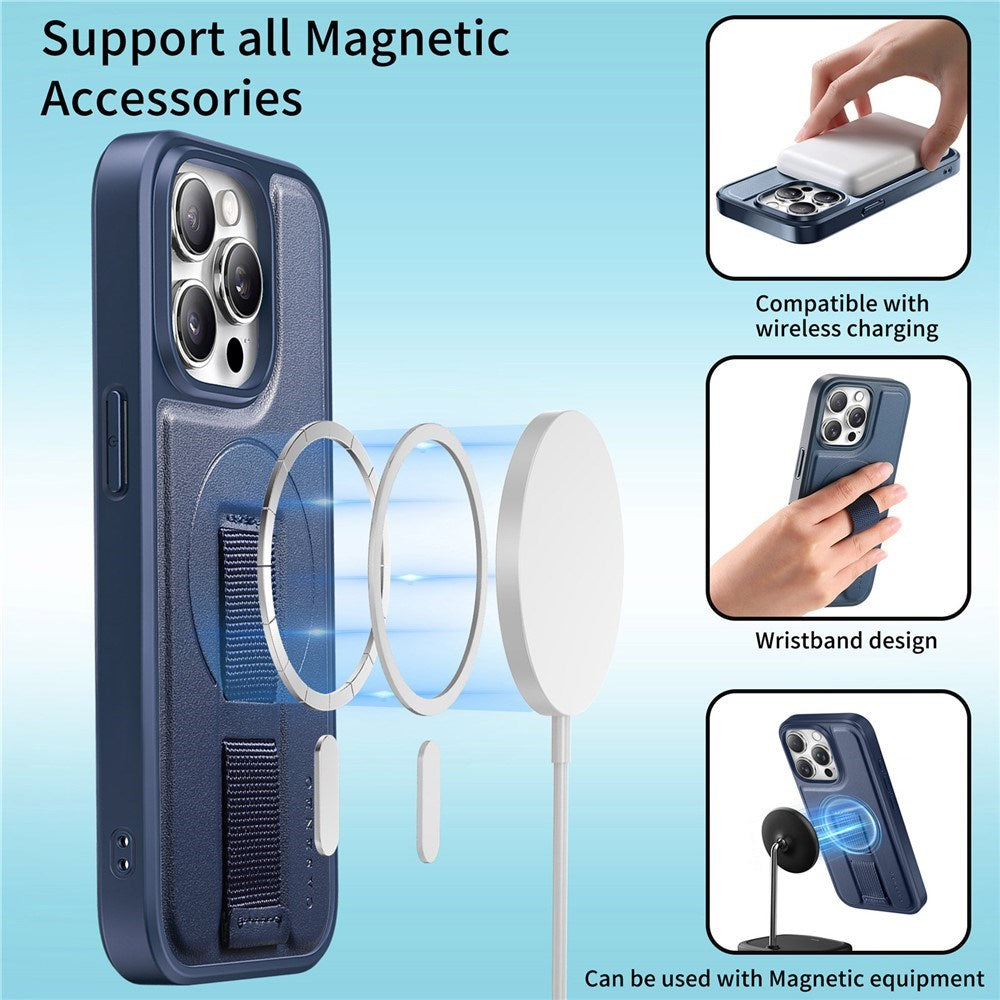 iPhone 15 Pro Hard Plast Deksel m. Kunstskinn Bakside & Fingerrem - MagSafe Kompatibel - Blå