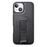 iPhone 15 Hard Plast Deksel m. Kunstskinn Bakside & Fingerrem - MagSafe Kompatibel - Svart