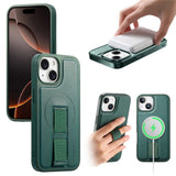 iPhone 15 Hard Plast Deksel m. Kunstskinn Bakside & Fingerrem - MagSafe Kompatibel - Grønn
