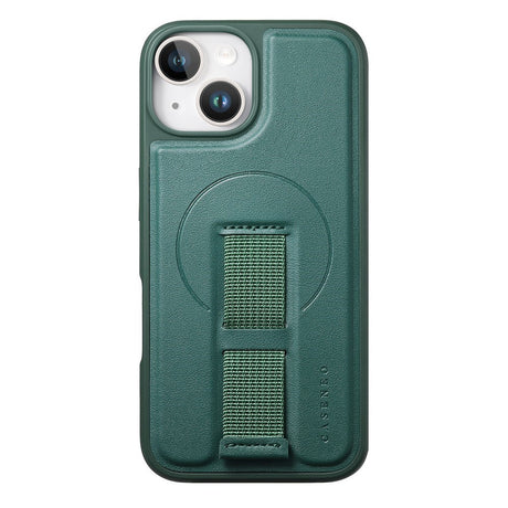 iPhone 15 Hard Plast Deksel m. Kunstskinn Bakside & Fingerrem - MagSafe Kompatibel - Grønn