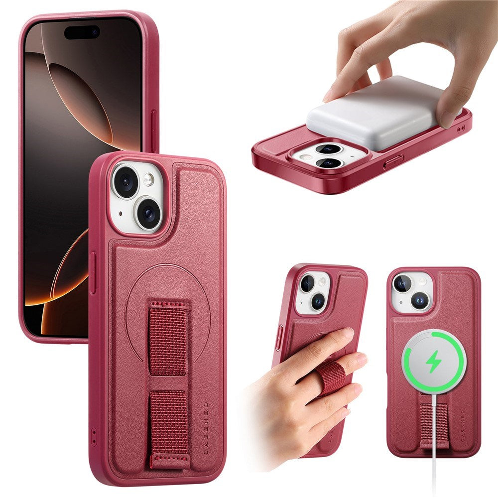 iPhone 15 Hard Plast Deksel m. Kunstskinn Bakside & Fingerrem - MagSafe Kompatibel - Rød