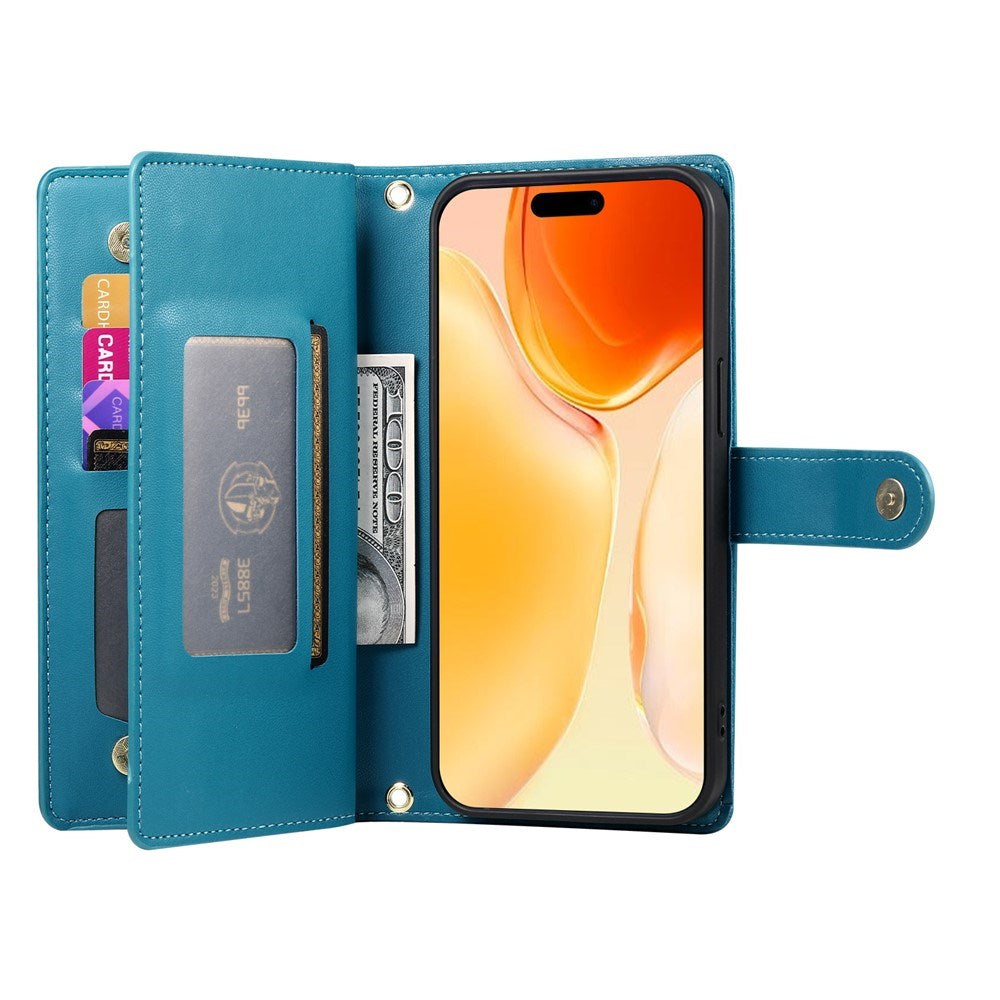 EIDERWOOD iPhone 17 Flip Deksel med Kortholder / Glidelåslomme / Stropp - Blå
