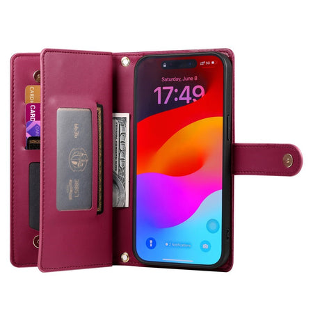 EIDERWOOD iPhone 17 Pro Flip Deksel med Kortholder / Glidelåslomme / Stropp - Rød