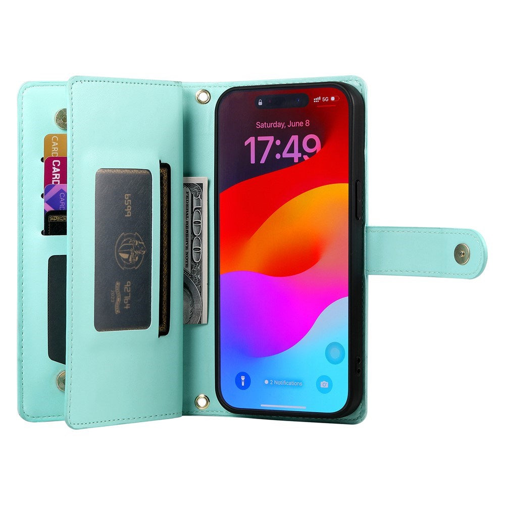 EIDERWOOD iPhone 17 Pro Flip Deksel med Kortholder / Glidelåslomme / Stropp - Turkis