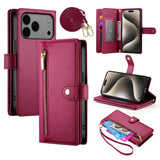 EIDERWOOD iPhone 17 Pro Max Flip Deksel med Kortholder / Glidelåslomme / Stropp - Rød