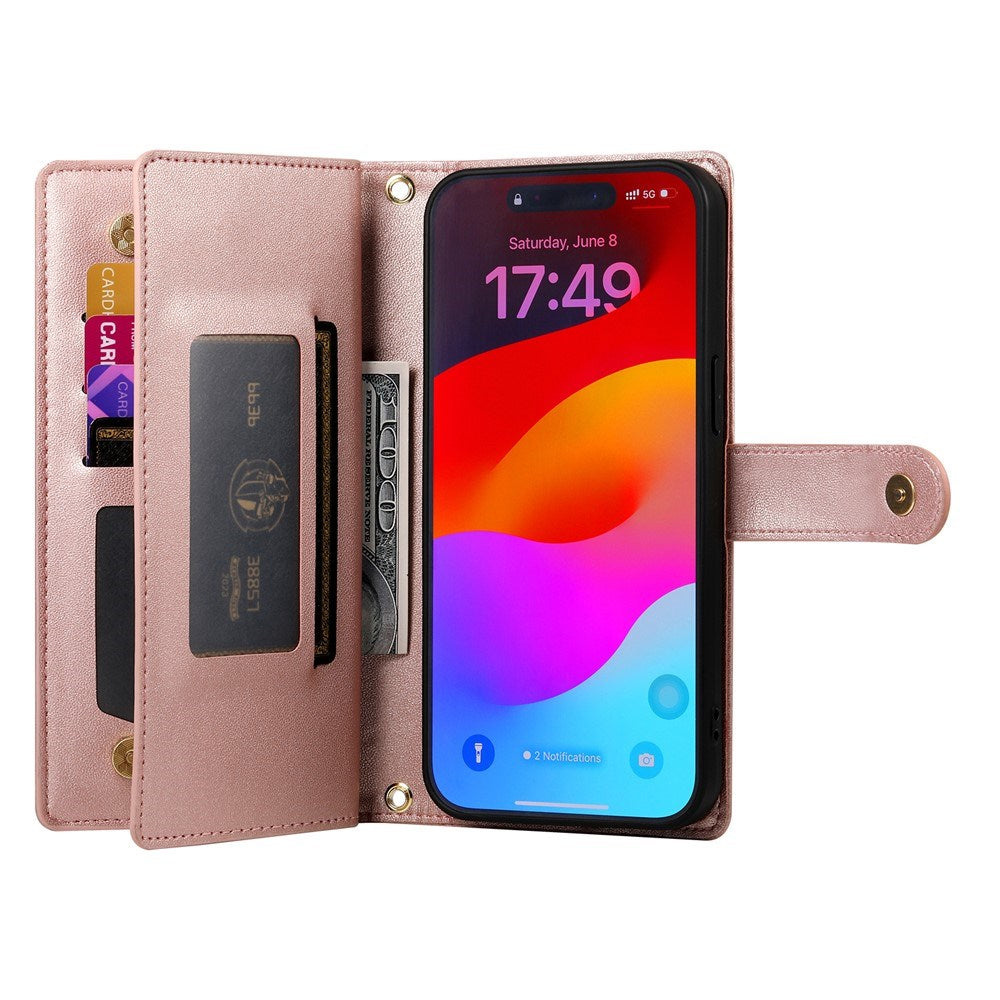 EIDERWOOD iPhone 17 Pro Max Flip Deksel med Kortholder / Glidelåslomme / Stropp - Rose Gold