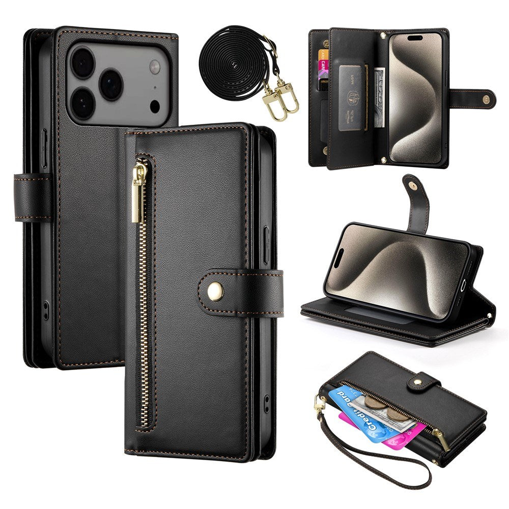 EIDERWOOD iPhone 17 Pro Max Flip Deksel med Kortholder / Glidelåslomme / Stropp - Svart