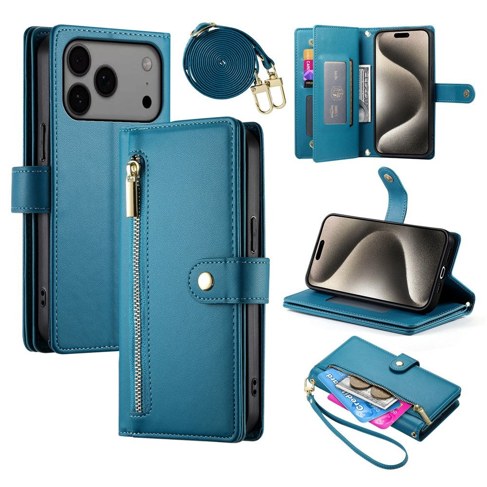 EIDERWOOD iPhone 17 Pro Max Flip Deksel med Kortholder / Glidelåslomme / Stropp - Blå