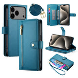 EIDERWOOD iPhone 17 Pro Max Flip Deksel med Kortholder / Glidelåslomme / Stropp - Blå