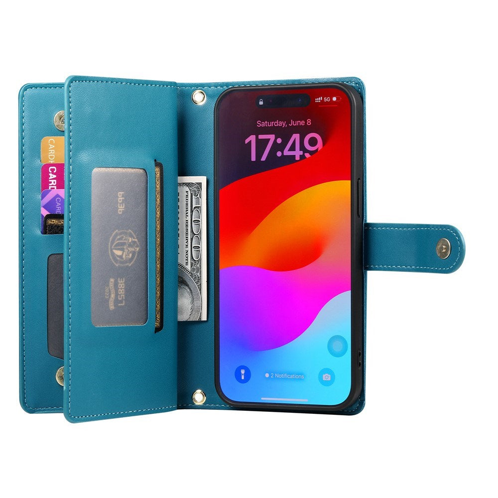 EIDERWOOD iPhone 17 Pro Max Flip Deksel med Kortholder / Glidelåslomme / Stropp - Blå