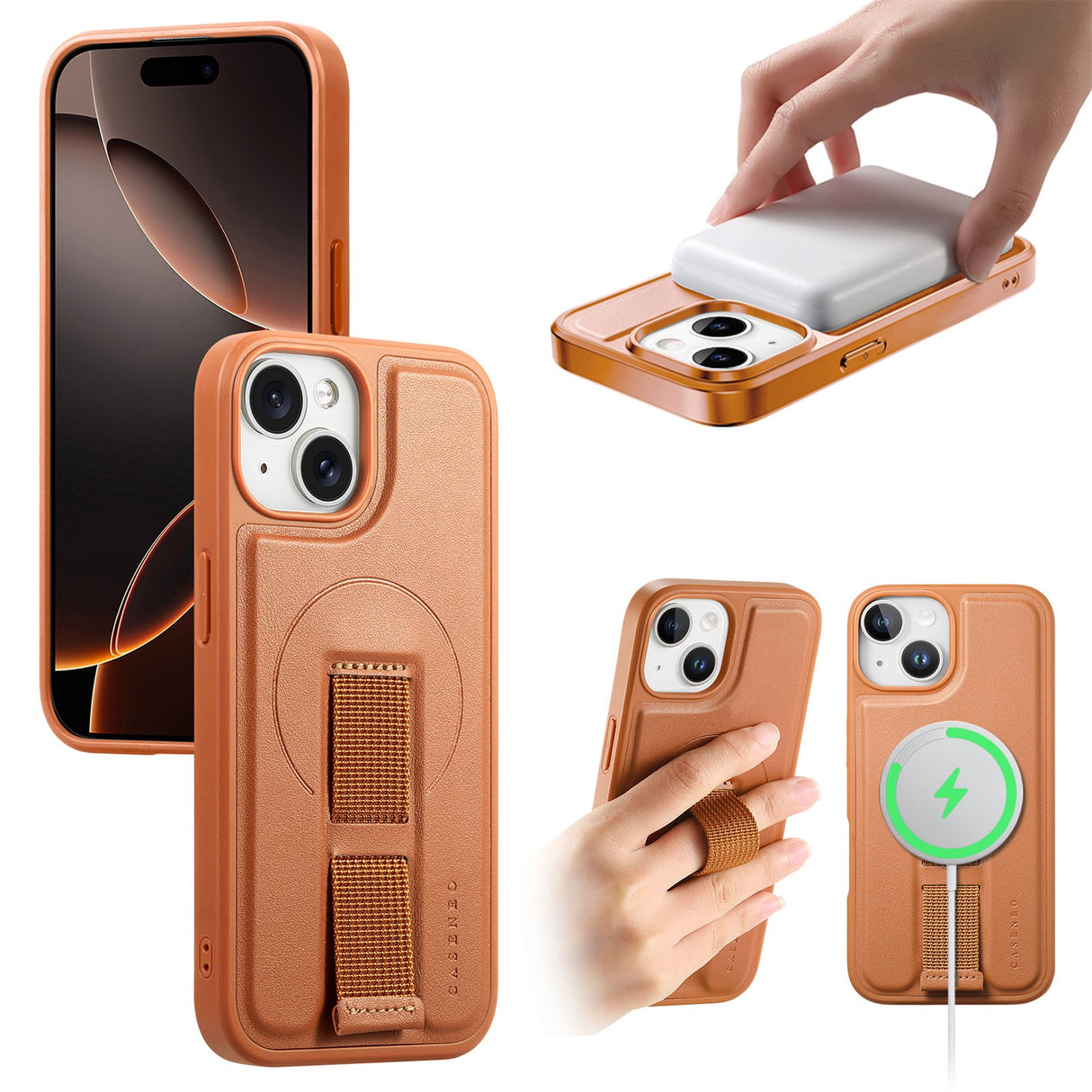 iPhone 14 / 13 Hard Plast Deksel m. Kunstskinn Bakside & Fingerrem - MagSafe Kompatibel - Brun