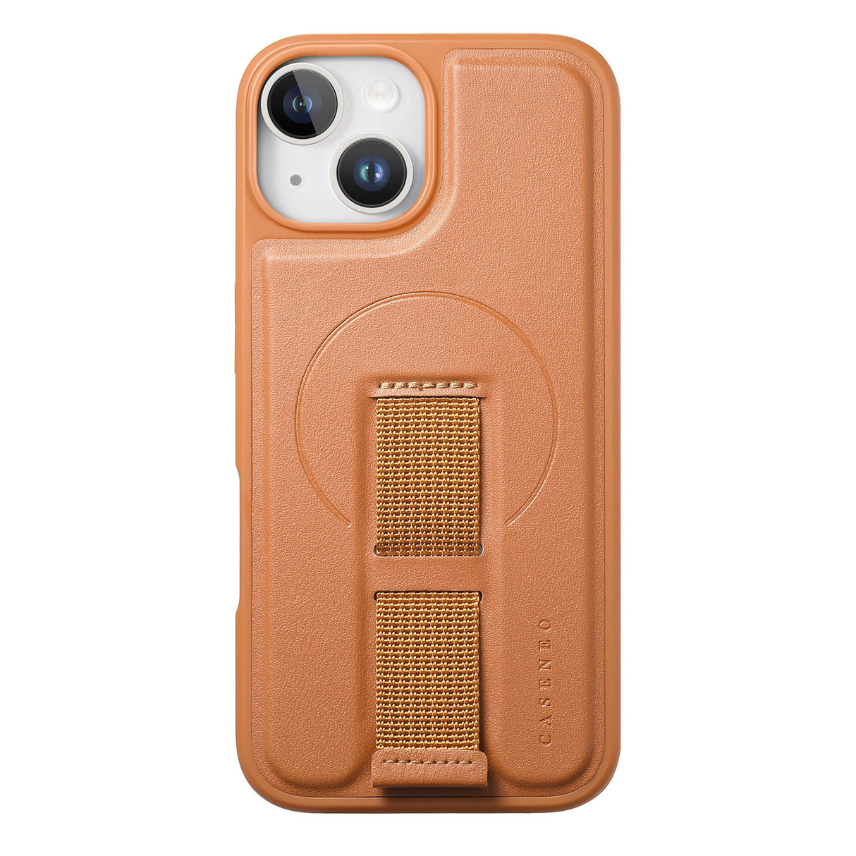 iPhone 14 / 13 Hard Plast Deksel m. Kunstskinn Bakside & Fingerrem - MagSafe Kompatibel - Brun
