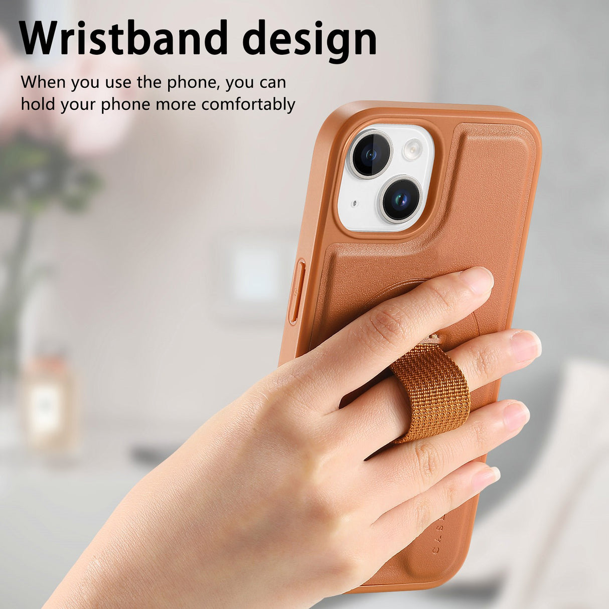 iPhone 14 / 13 Hard Plast Deksel m. Kunstskinn Bakside & Fingerrem - MagSafe Kompatibel - Brun