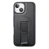 iPhone 14 / 13 Hard Plast Deksel m. Kunstskinn Bakside & Fingerrem - MagSafe Kompatibel - Svart