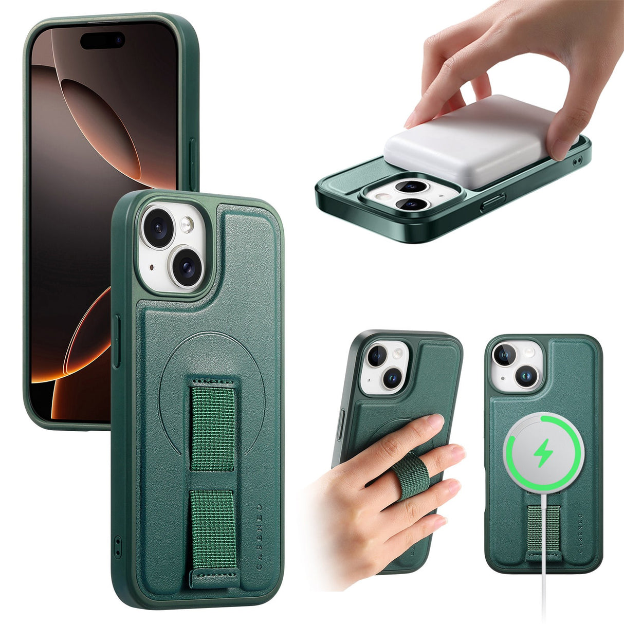 iPhone 14 / 13 Hard Plast Deksel m. Kunstskinn Bakside & Fingerrem - MagSafe Kompatibel - Grønn