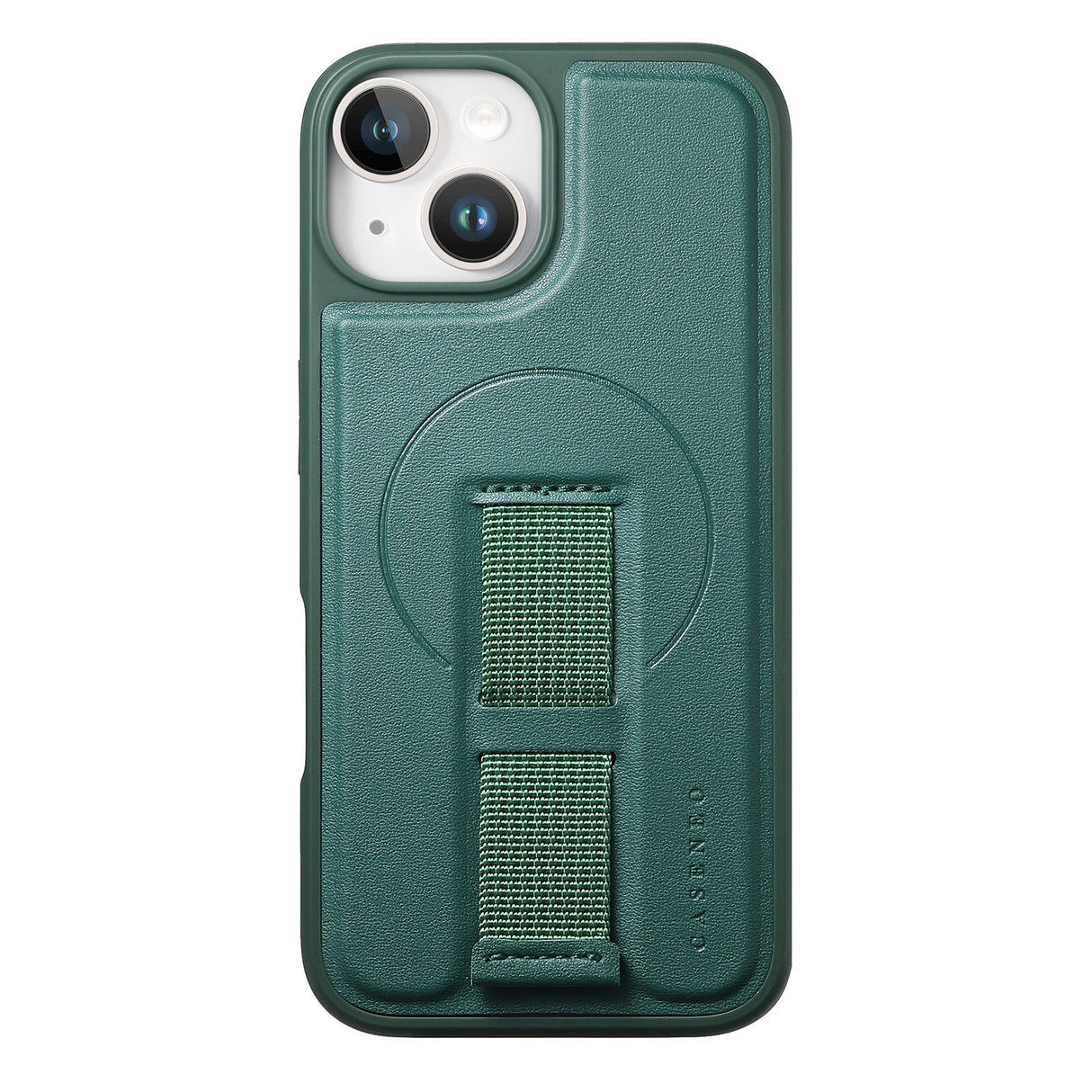 iPhone 14 / 13 Hard Plast Deksel m. Kunstskinn Bakside & Fingerrem - MagSafe Kompatibel - Grønn