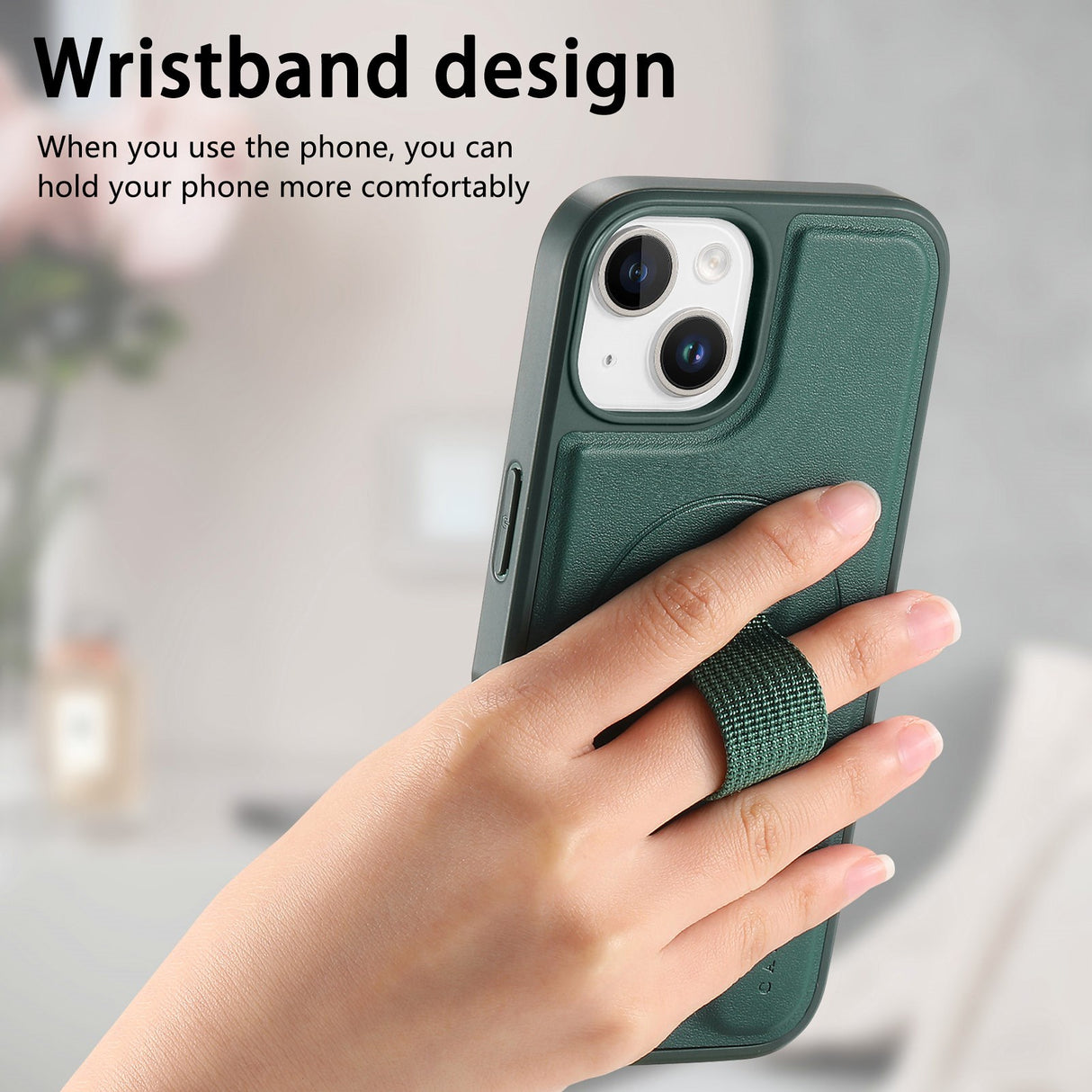 iPhone 14 / 13 Hard Plast Deksel m. Kunstskinn Bakside & Fingerrem - MagSafe Kompatibel - Grønn