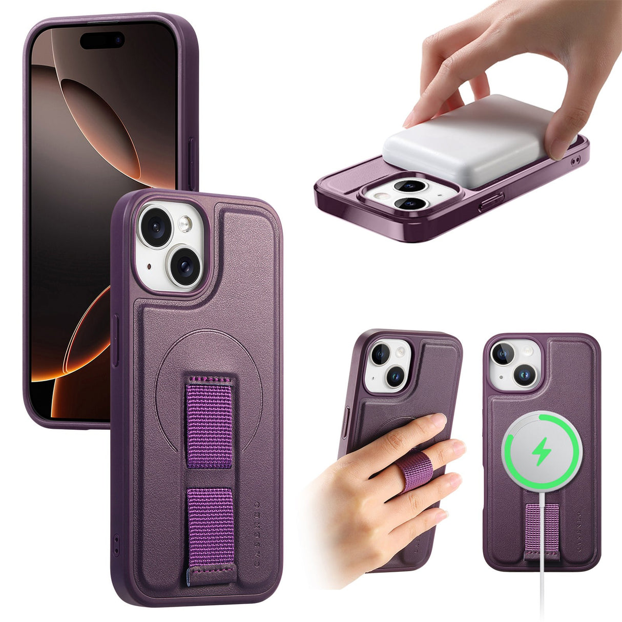 iPhone 14 / 13 Hard Plast Deksel m. Kunstskinn Bakside & Fingerrem - MagSafe Kompatibel - Lilla