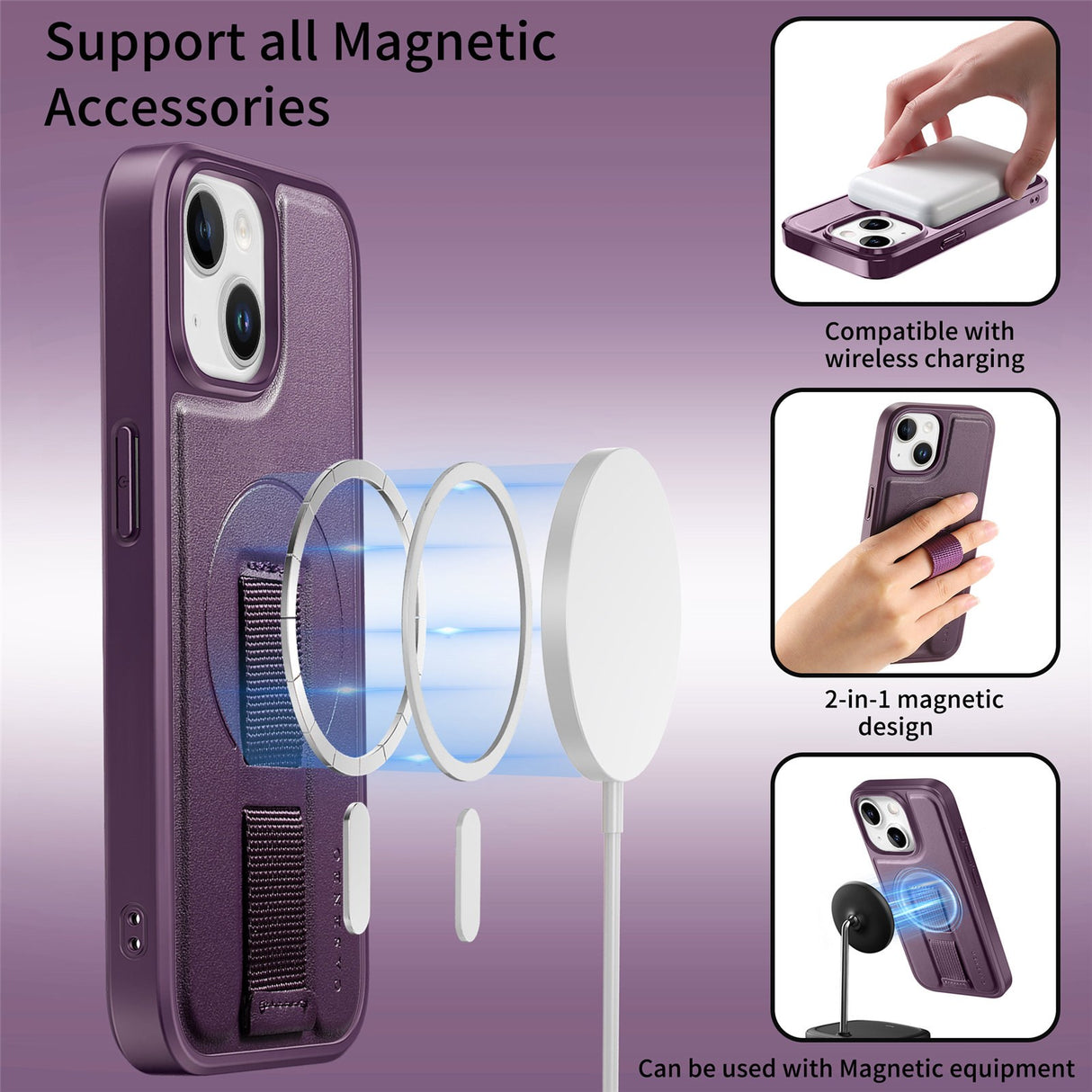 iPhone 14 / 13 Hard Plast Deksel m. Kunstskinn Bakside & Fingerrem - MagSafe Kompatibel - Lilla