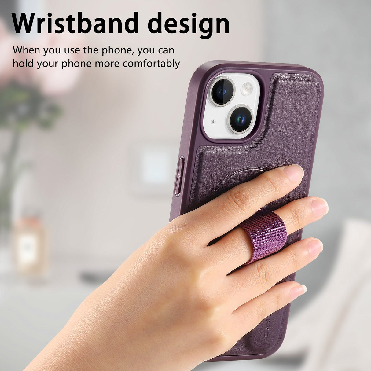 iPhone 14 / 13 Hard Plast Deksel m. Kunstskinn Bakside & Fingerrem - MagSafe Kompatibel - Lilla