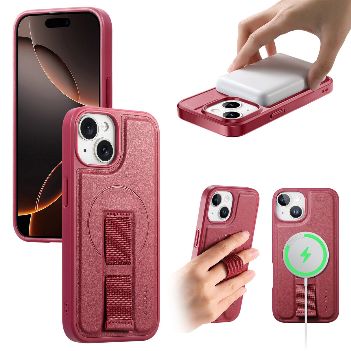 iPhone 14 / 13 Hard Plast Deksel m. Kunstskinn Bakside & Fingerrem - MagSafe Kompatibel - Rød