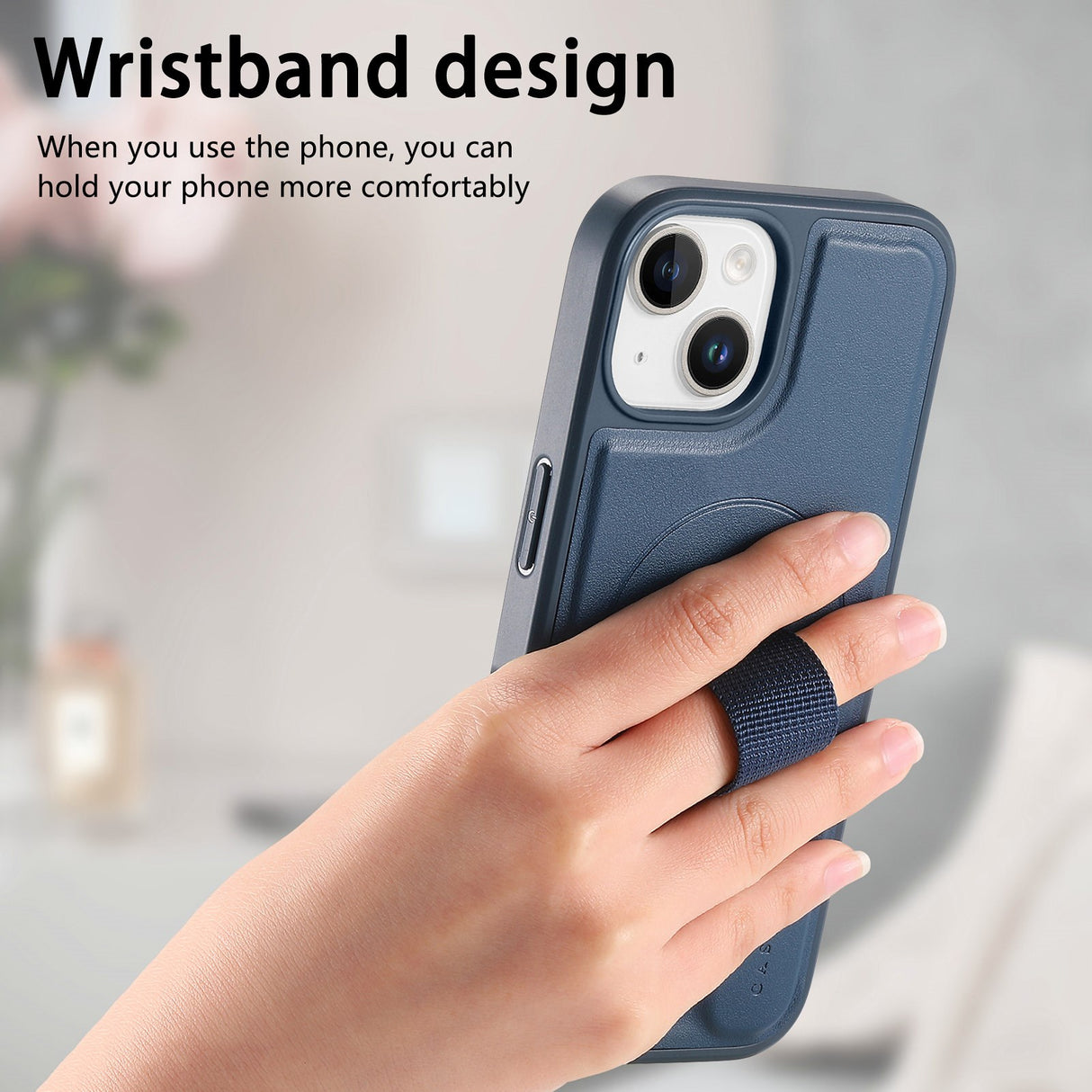 iPhone 14 / 13 Hard Plast Deksel m. Kunstskinn Bakside & Fingerrem - MagSafe Kompatibel - Blå