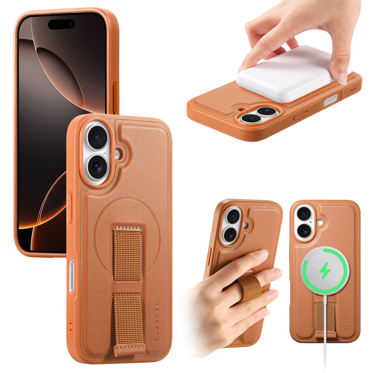 iPhone 16 Hard Plast Deksel m. Kunstskinn Bakside & Fingerrem - MagSafe Kompatibel - Brun