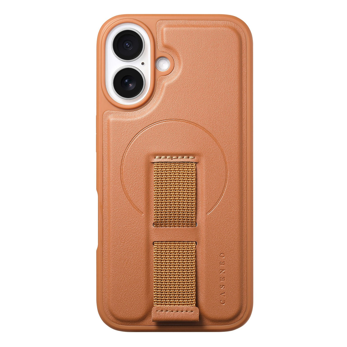 iPhone 16 Hard Plast Deksel m. Kunstskinn Bakside & Fingerrem - MagSafe Kompatibel - Brun
