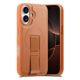 iPhone 16 Hard Plast Deksel m. Kunstskinn Bakside & Fingerrem - MagSafe Kompatibel - Brun