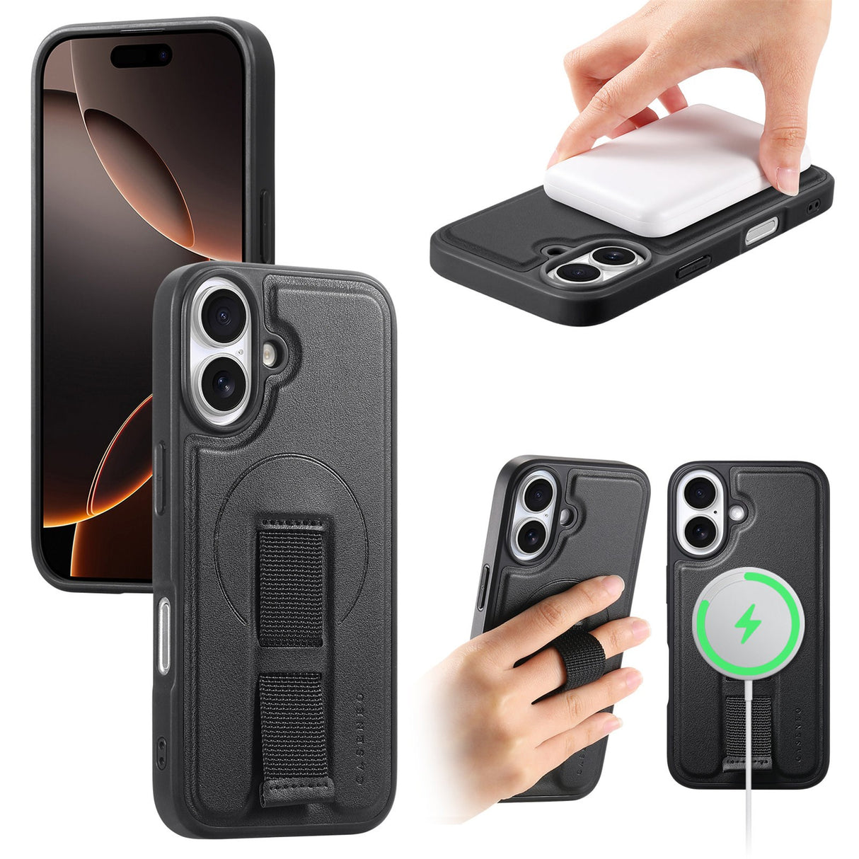 iPhone 16 Hard Plast Deksel m. Kunstskinn Bakside & Fingerrem - MagSafe Kompatibel - Svart