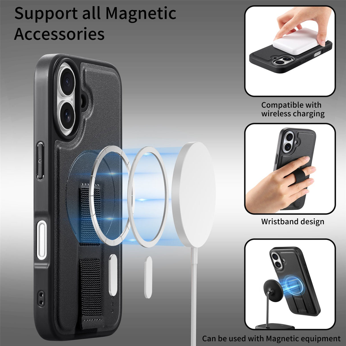 iPhone 16 Hard Plast Deksel m. Kunstskinn Bakside & Fingerrem - MagSafe Kompatibel - Svart