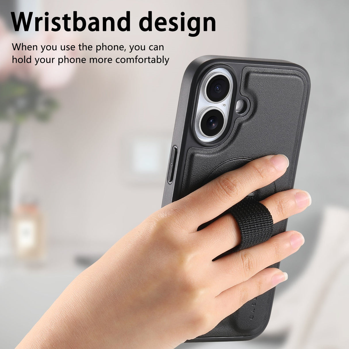 iPhone 16 Hard Plast Deksel m. Kunstskinn Bakside & Fingerrem - MagSafe Kompatibel - Svart