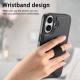 iPhone 16 Hard Plast Deksel m. Kunstskinn Bakside & Fingerrem - MagSafe Kompatibel - Svart