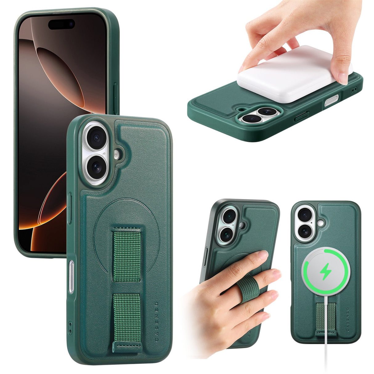 iPhone 16 Hard Plast Deksel m. Kunstskinn Bakside & Fingerrem - MagSafe Kompatibel - Grønn