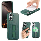 iPhone 16 Hard Plast Deksel m. Kunstskinn Bakside & Fingerrem - MagSafe Kompatibel - Grønn