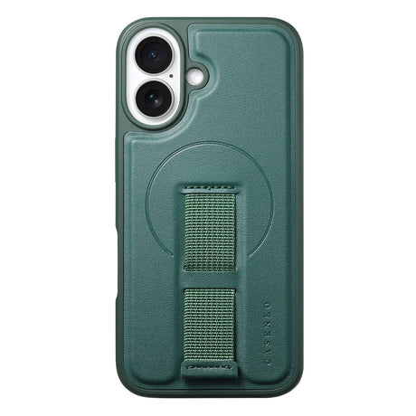 iPhone 16 Hard Plast Deksel m. Kunstskinn Bakside & Fingerrem - MagSafe Kompatibel - Grønn