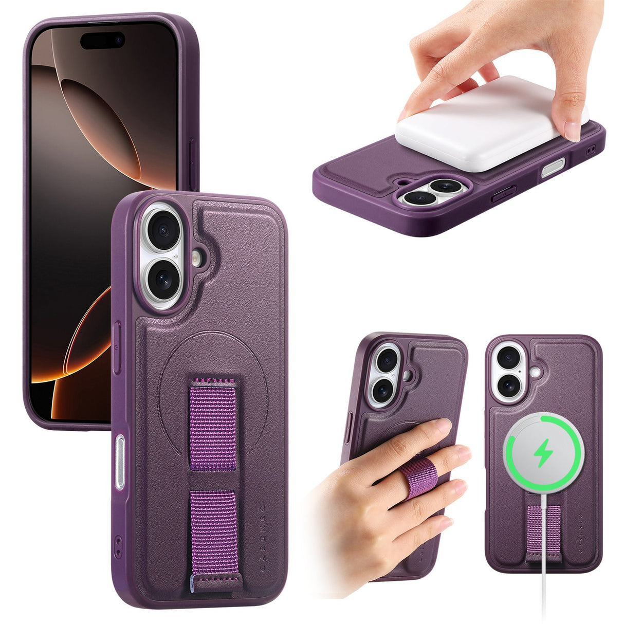 iPhone 16 Hard Plast Deksel m. Kunstskinn Bakside & Fingerrem - MagSafe Kompatibel - Lilla