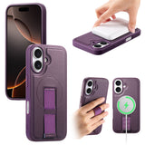 iPhone 16 Hard Plast Deksel m. Kunstskinn Bakside & Fingerrem - MagSafe Kompatibel - Lilla